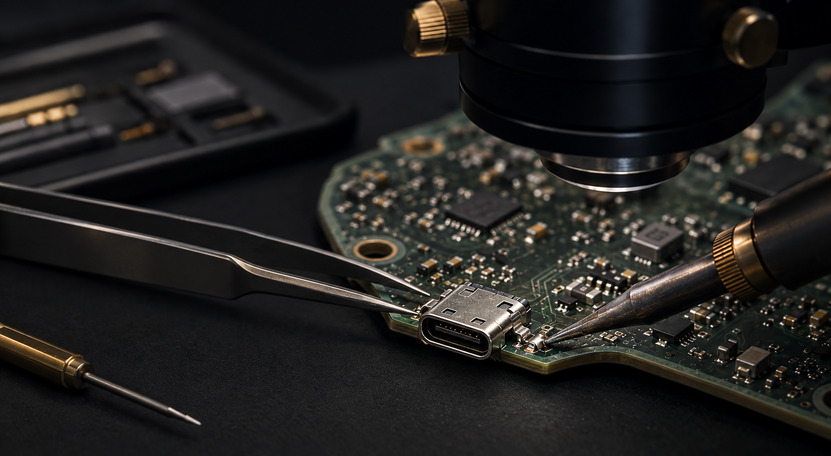 Illustrative USB-C port repair at the edge of a circuit board under a microscope