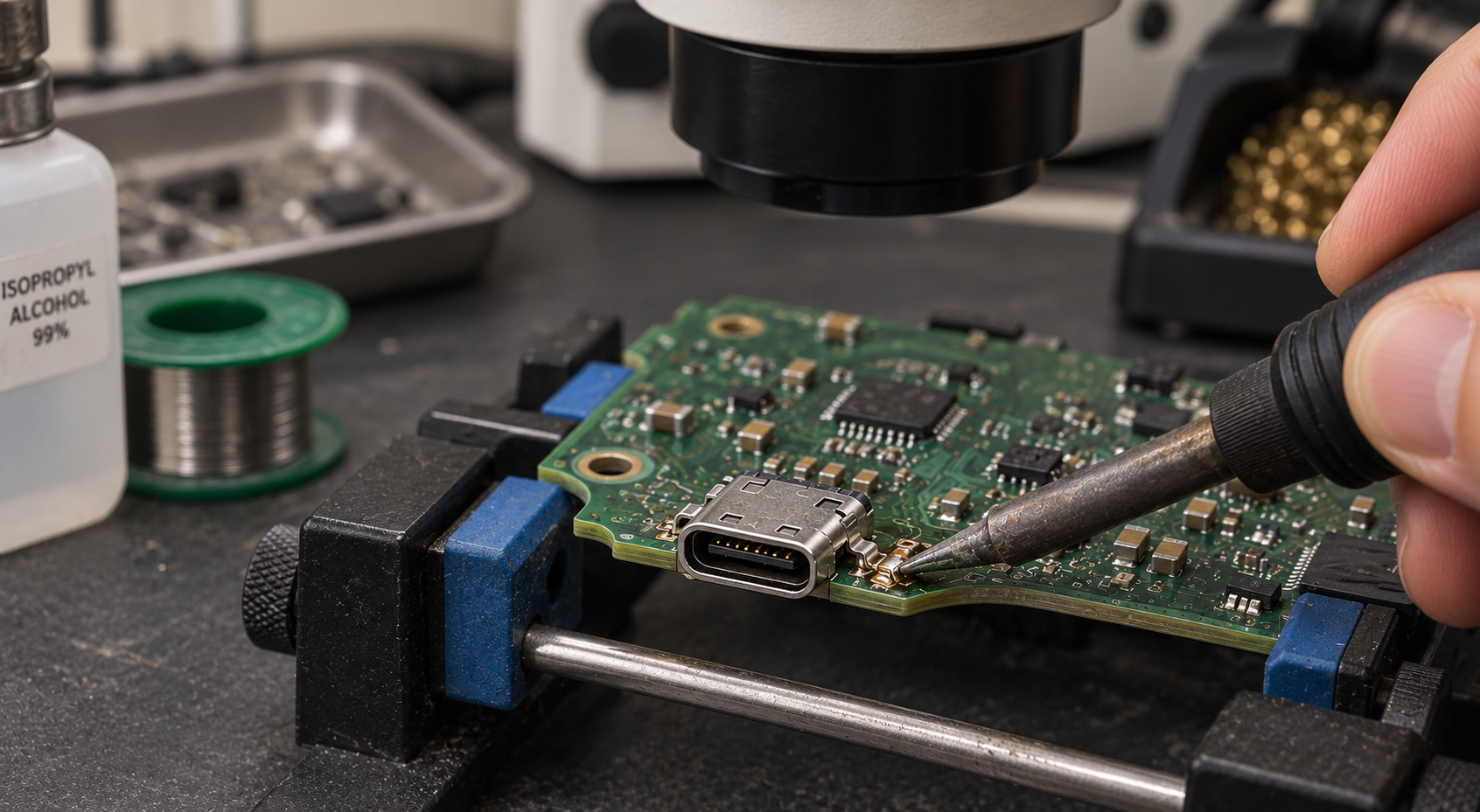 Illustrated USB-C repair: a supported circuit board, soldering iron and microscope